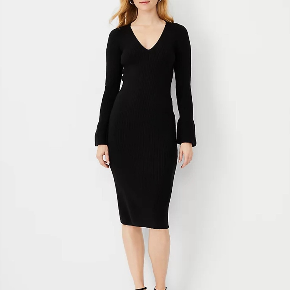 Ann Taylor Sweater Dress Black Petite Medium Pearlized button cuff, V-neck NWT